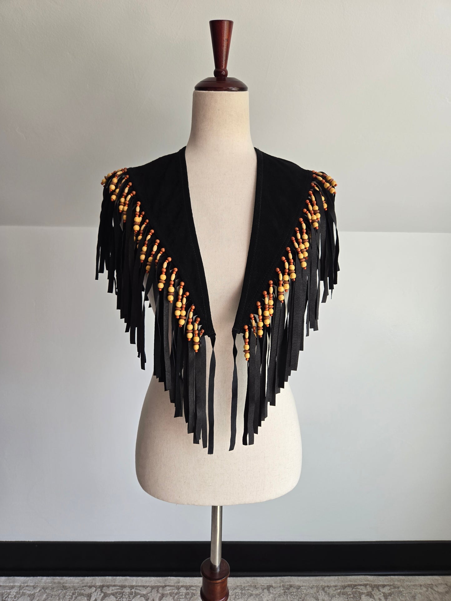 Vintage Braefair Leather Fringe and Wood Bead Shoulder Shawl - OS