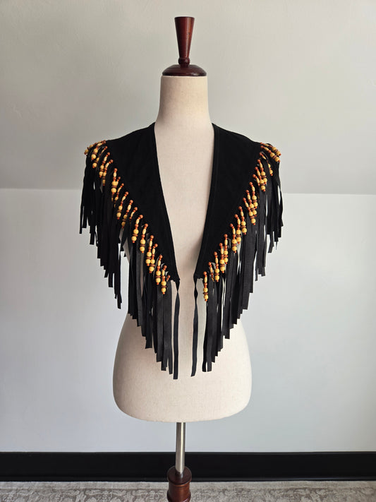 Vintage Braefair Leather Fringe and Wood Bead Shoulder Shawl - OS