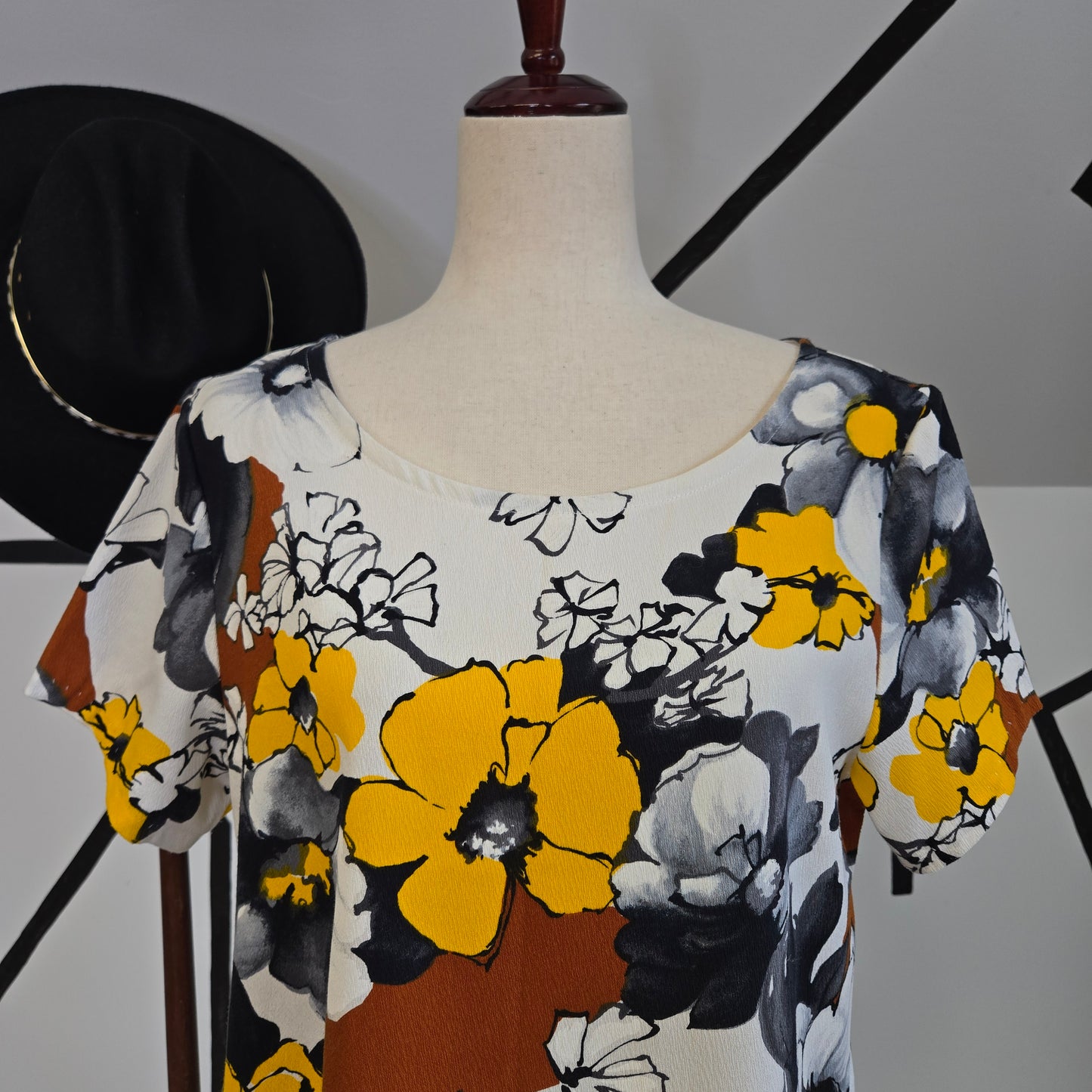 Vintage Barkcloth Yellow, Brown, and Black Flower Power Dress - medium