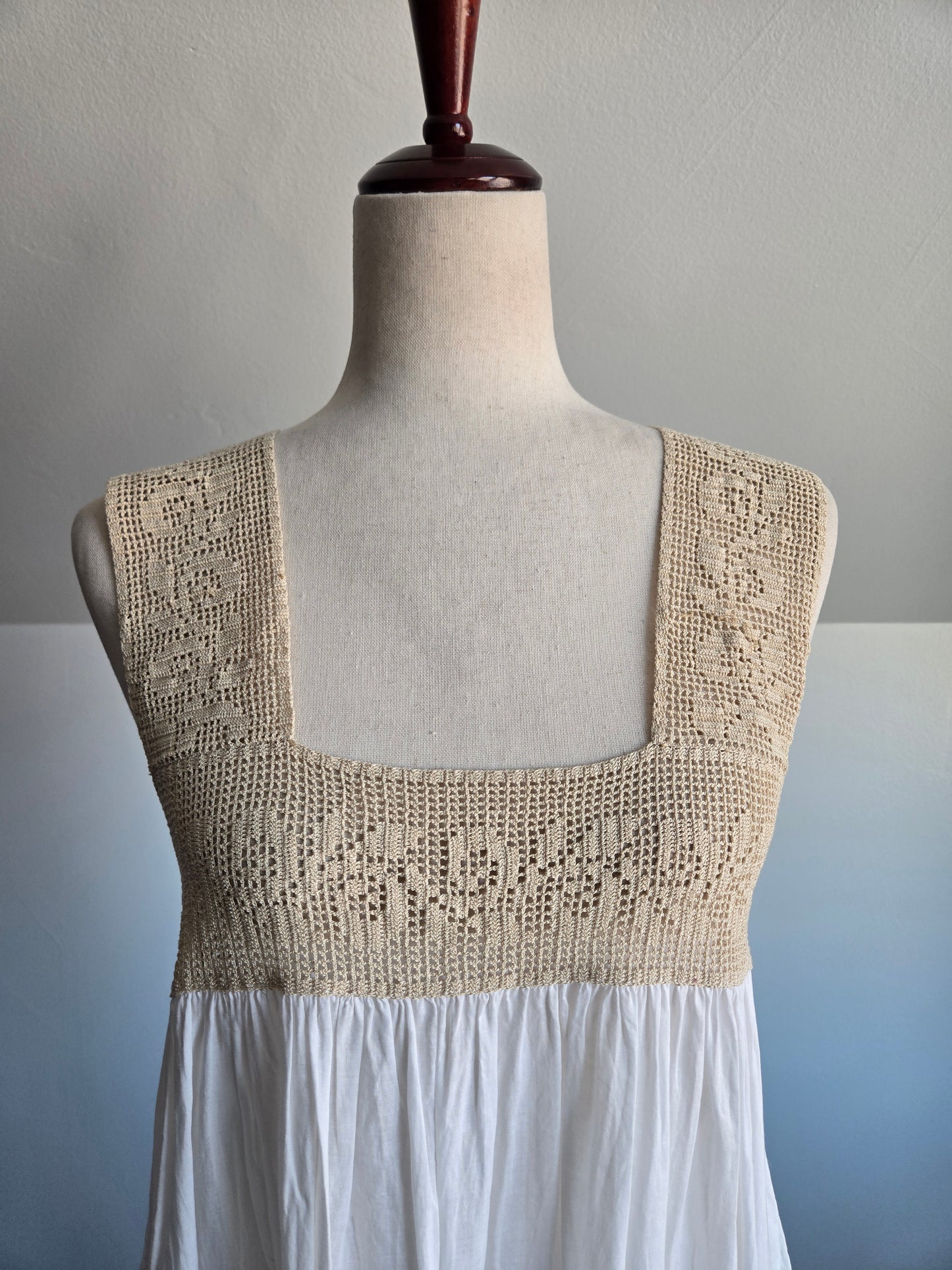 Vintage White Cotton and Crochet Lingerie Slip Dress - S/M