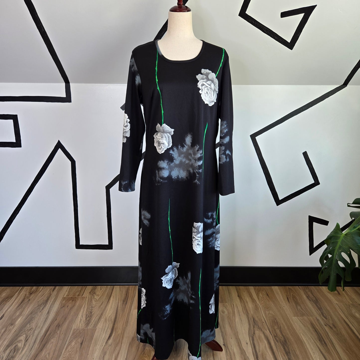 Lady Blair Vintage 1970s Black Goth Aesthetic Dress with White Upside Down Roses - Large/XL