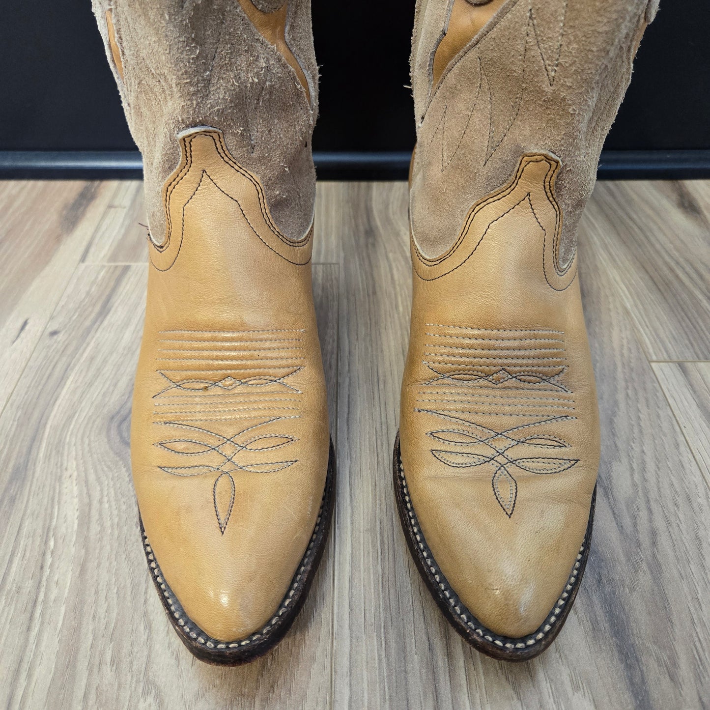 Dan Post Vintage Light Tan Suede Leather Western Boots with Inlays