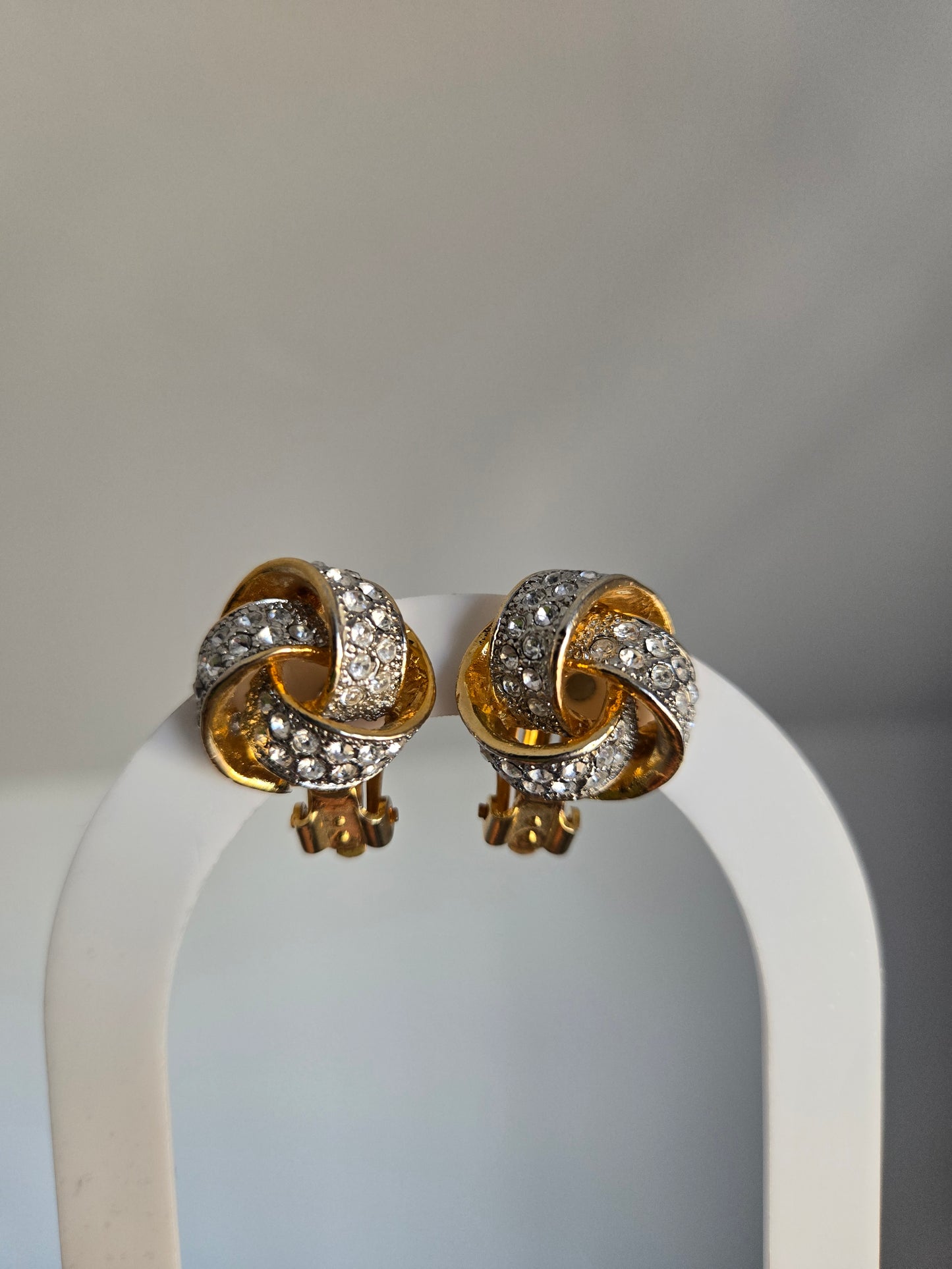 Vintage Gold Tone and Rhinestone Knot Clip Ons