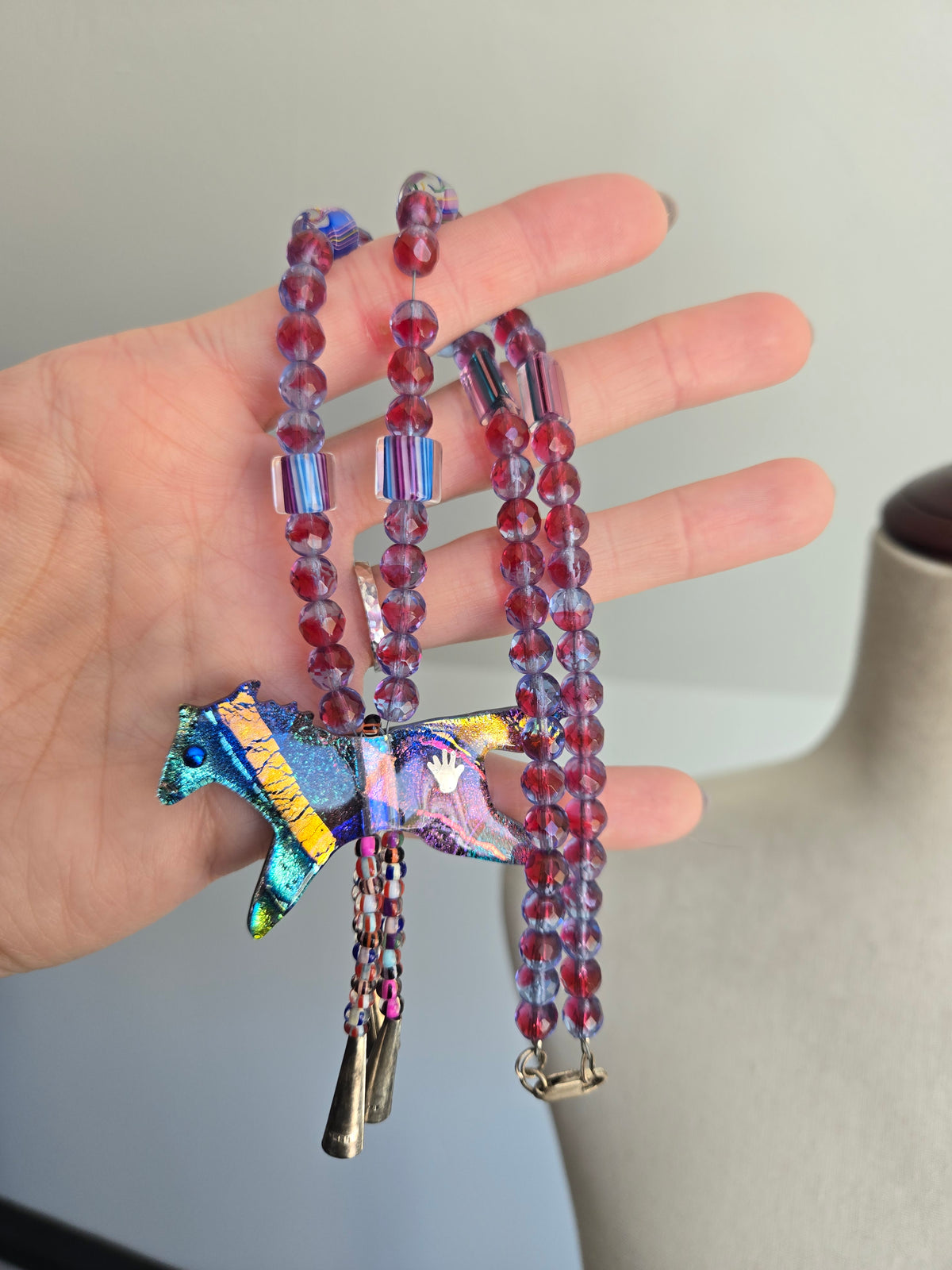 Art Glass Dichroic Horse Bolo Style Necklace