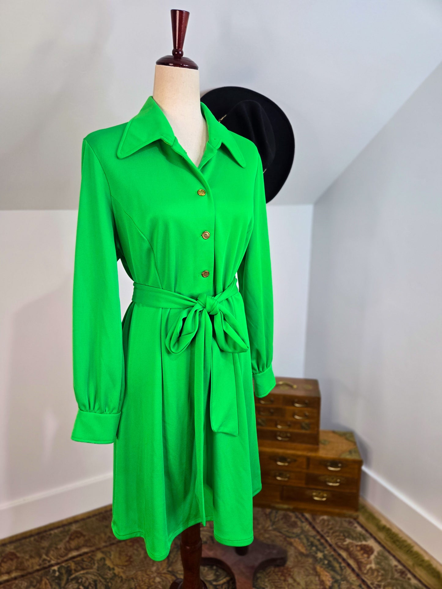 Vintage 70s Lime Green Button Down Mini Dress - L/XL