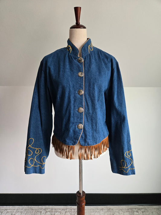 Happy Trails Embroidered Denim Western Jacket with Fringe - Medium
