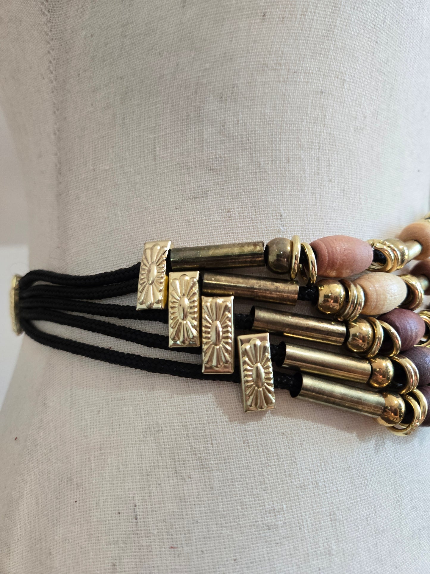 Vintage 80s Boho Wood and Gold Tone Bead Belt - W31-40"