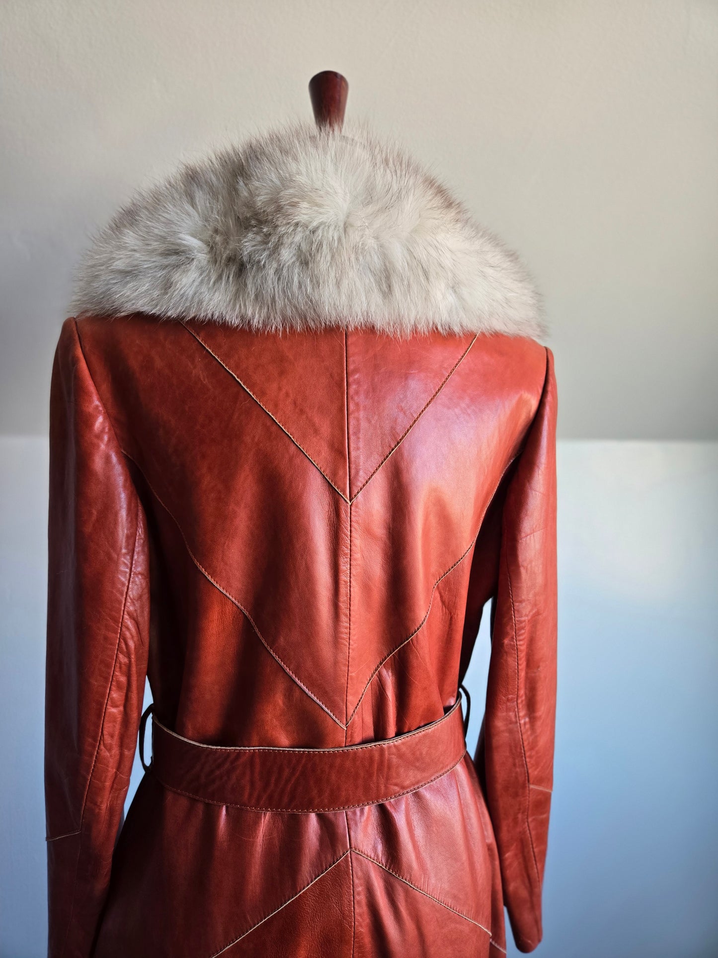 Napa Y Ante Skin Gear 1970s Patchwork Brown Leather Trench with Coyote Fur - Medium