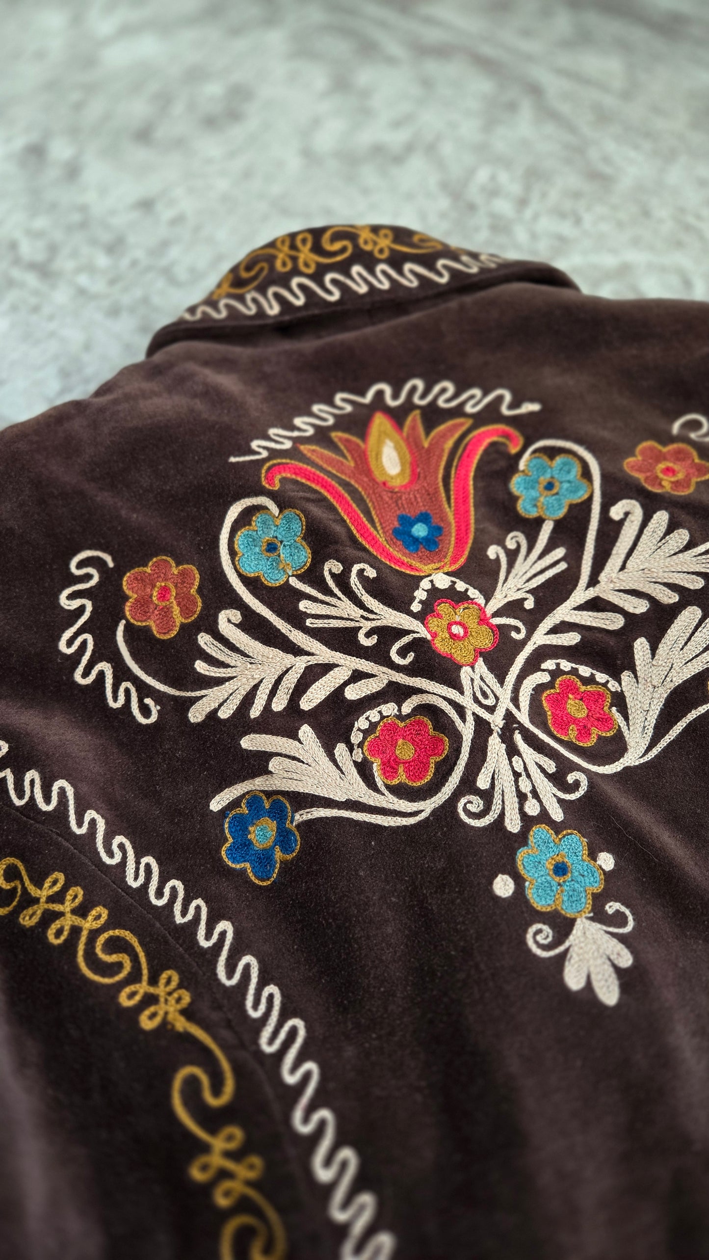 Doubled D Ranch Brown Velvet Blazer with Colorful Stitching Detail - XL