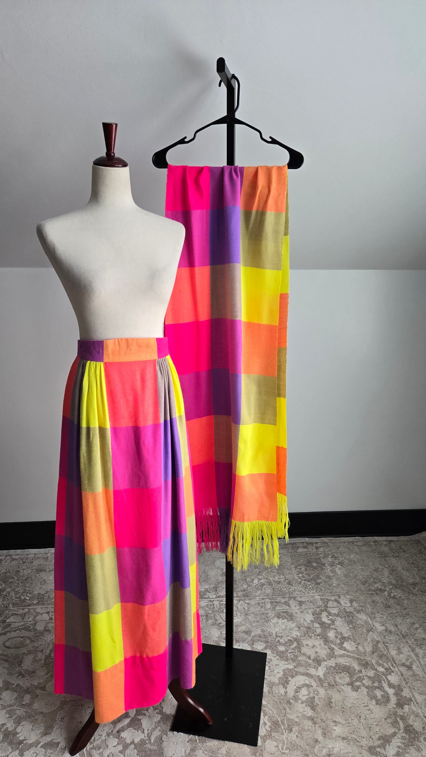 Vintage 70s Neon Plaid Matching Skirt and Scarf Set - W28"