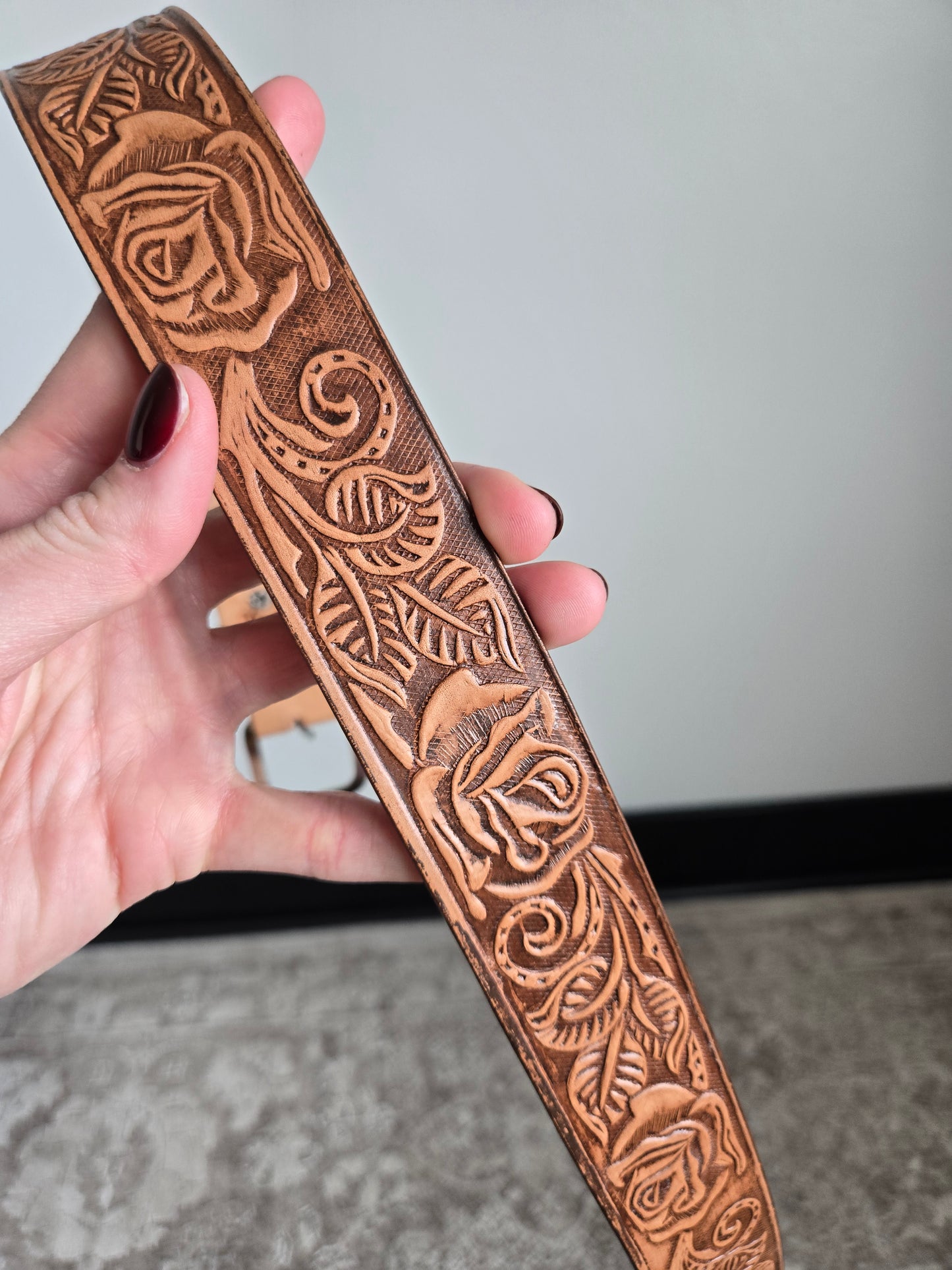 Made in Mexico Tooled Leather Belt in Western Florals - W30-35"