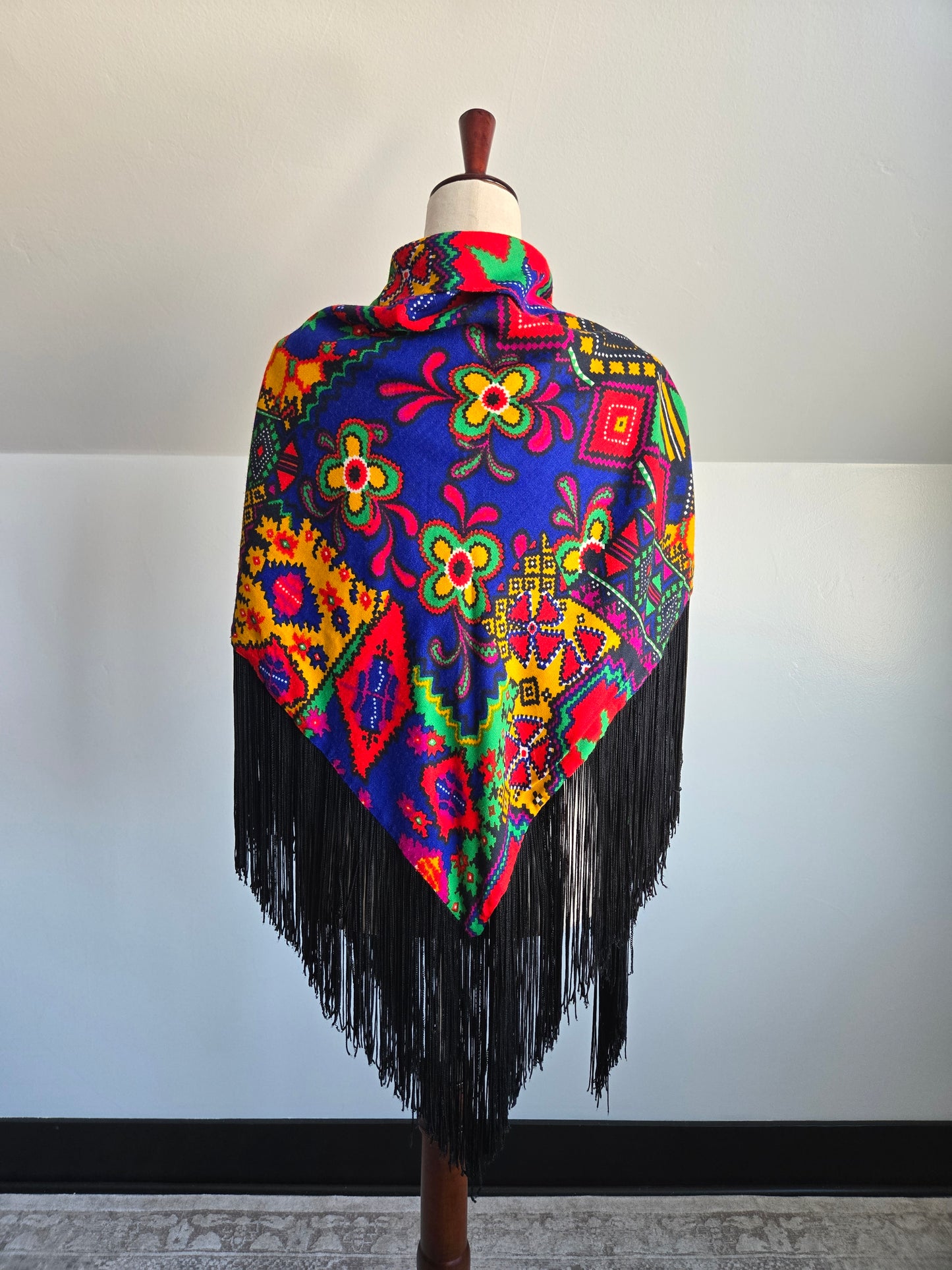 Vintage Barkcloth Dayglo Shawl with Fringe - OS
