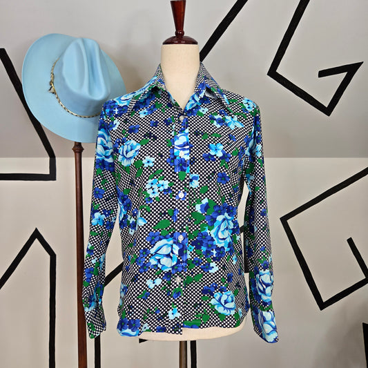 Vintage 1960s Checkers and Florals Dayglo Top made in Korea - medium