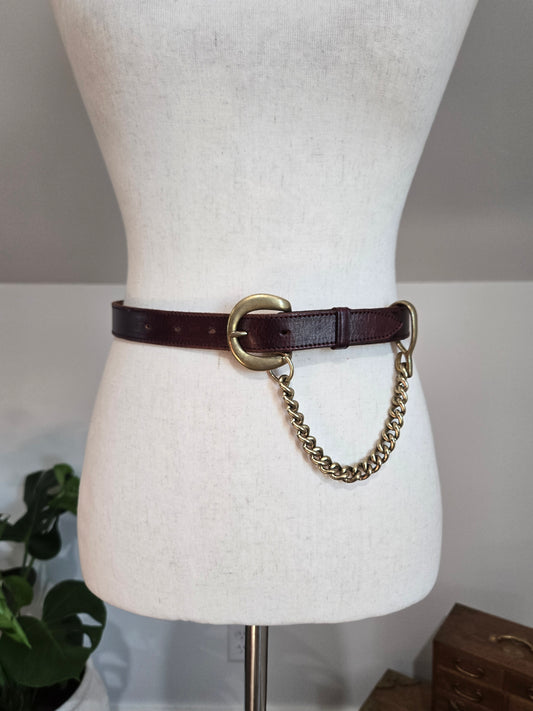 Vintage DKNY Leather Belt with Brass Chain Detail - W25-29"