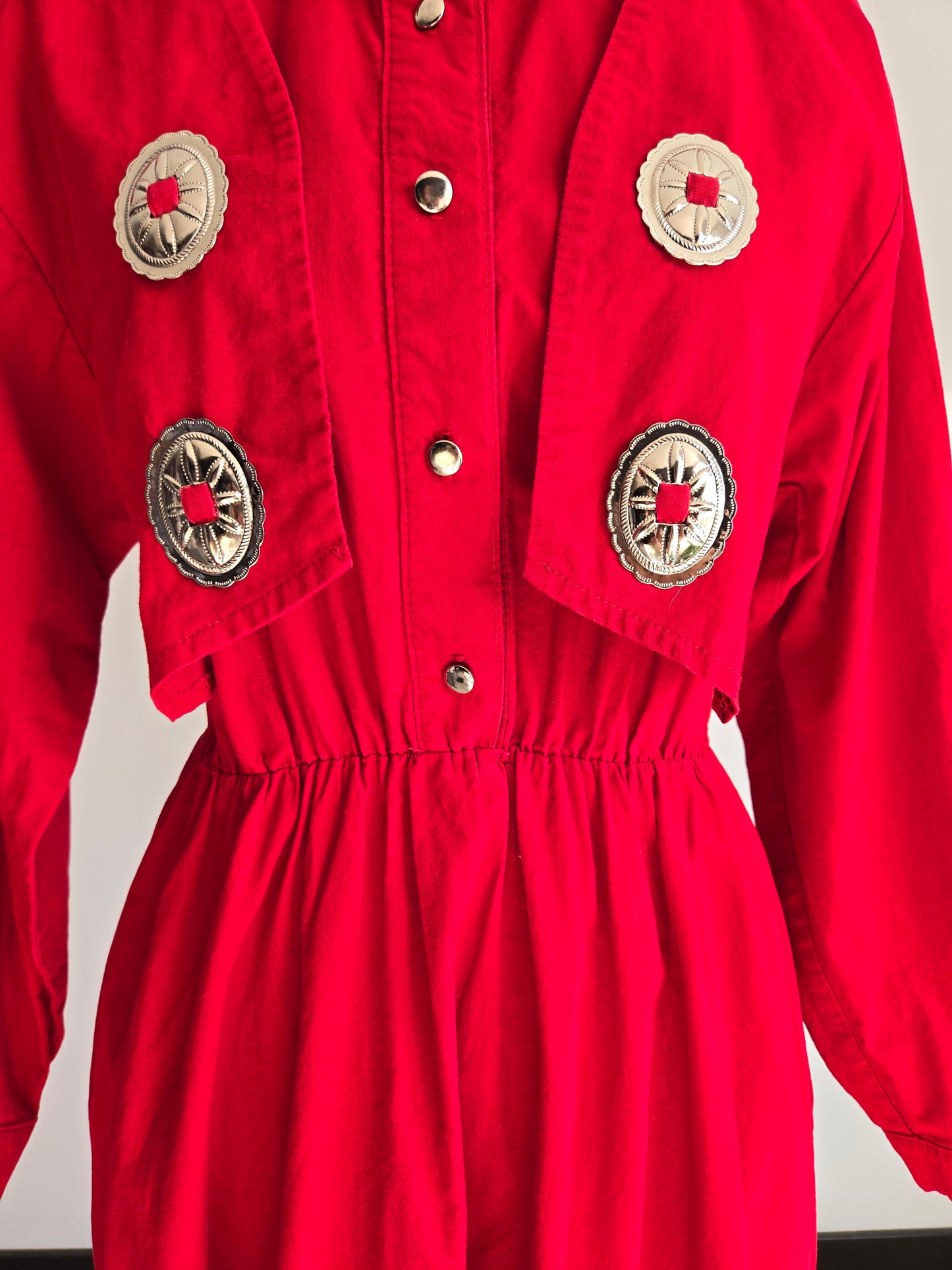 Sas'sa Vintage Red Western Dress with Silver Concho Details - S/M