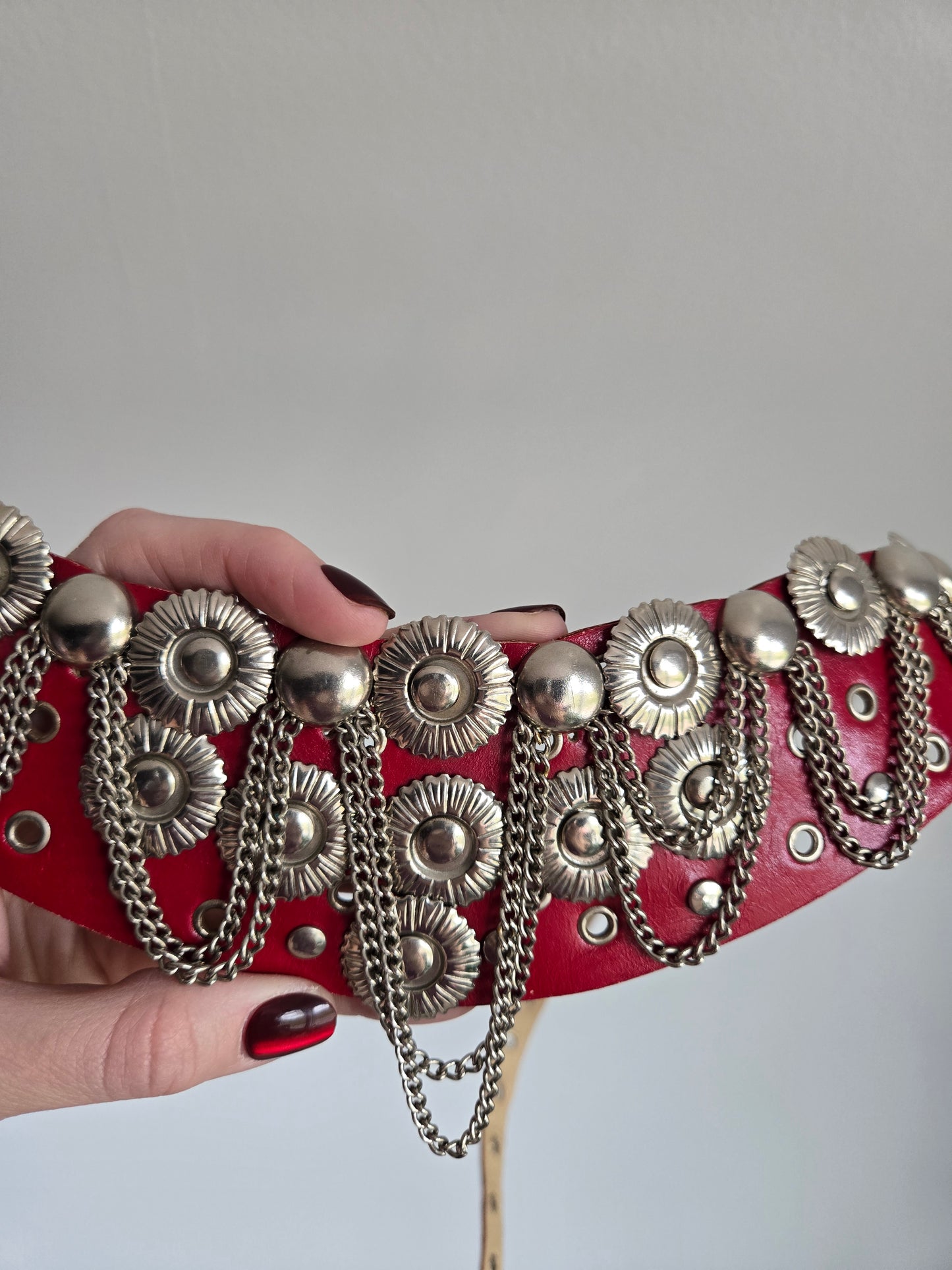 Vintage Red Leather Belt with Silver Coins and Chains - W26-36"