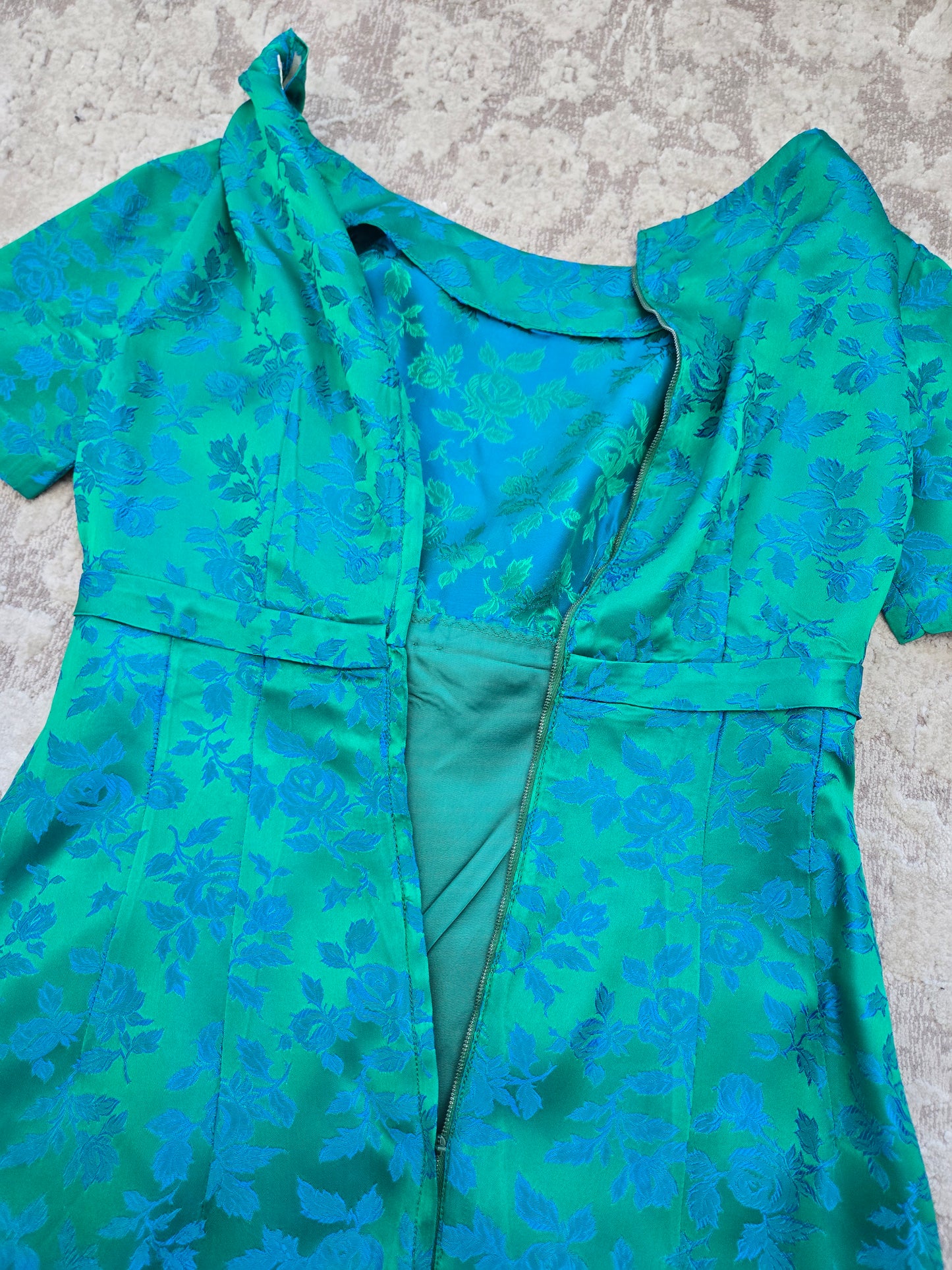 1950s Jacquard Floral Blue Dress - small