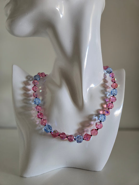 Vintage Pink and Blue Glass AB Bead Necklace