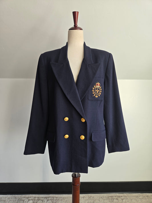 Embassy Row Vintage Pure Wool Navy Blazer with 3D Crest - Large