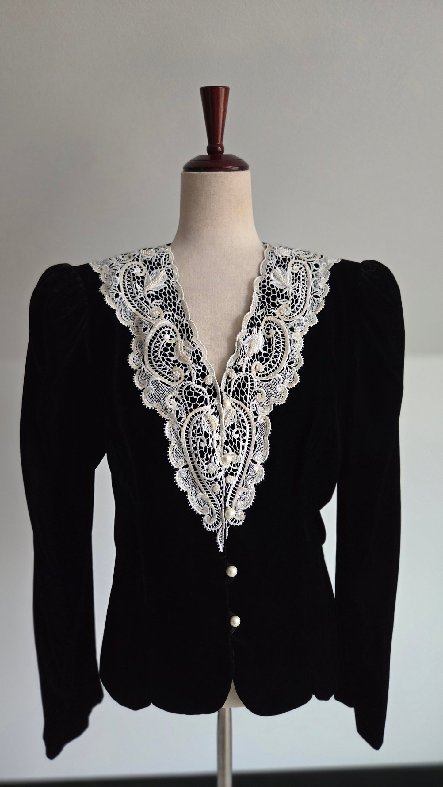 Black Velvet Blazer with Lace and Pearls - Medium/Large