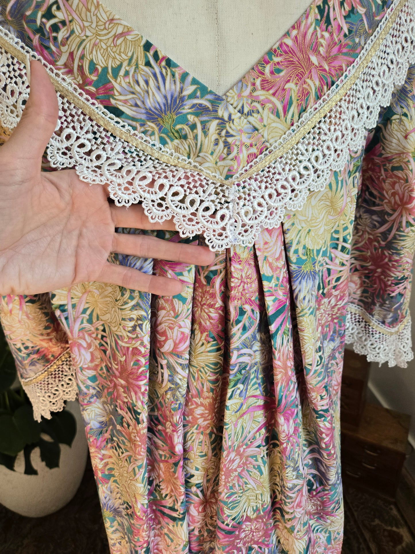 Vintage 1970s Handmade Cotton and Lace Maxi Housedress - large