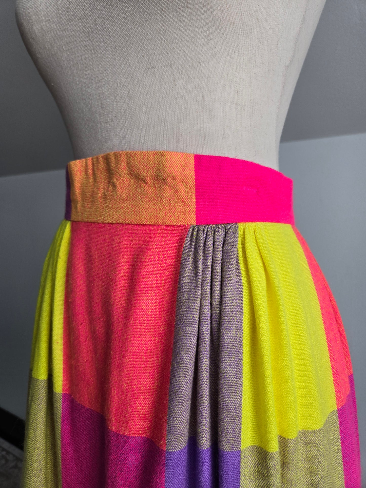 Vintage 70s Neon Plaid Matching Skirt and Scarf Set - W28"