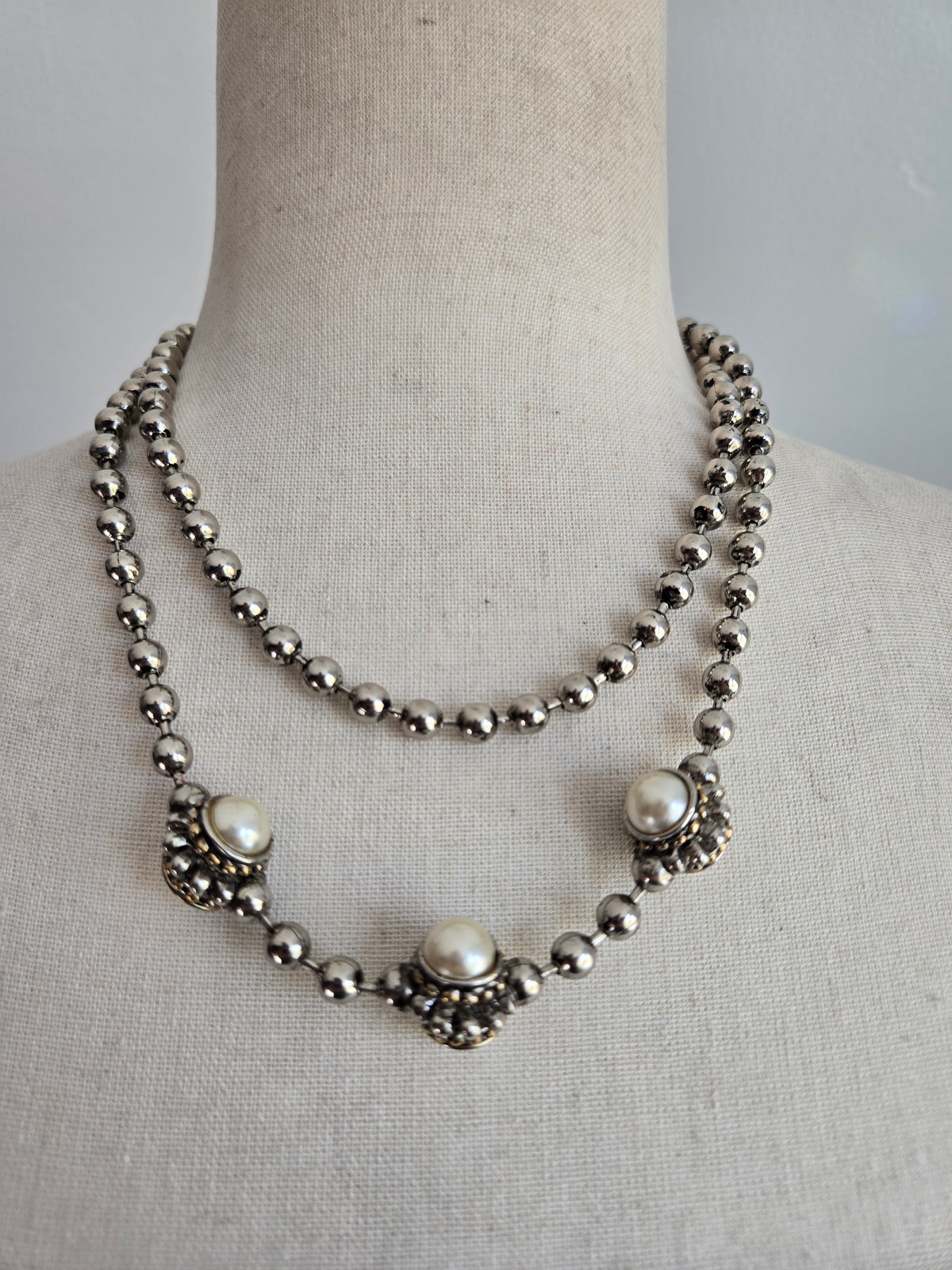 Vintage Metal Bead Necklace with Pearl Cabs
