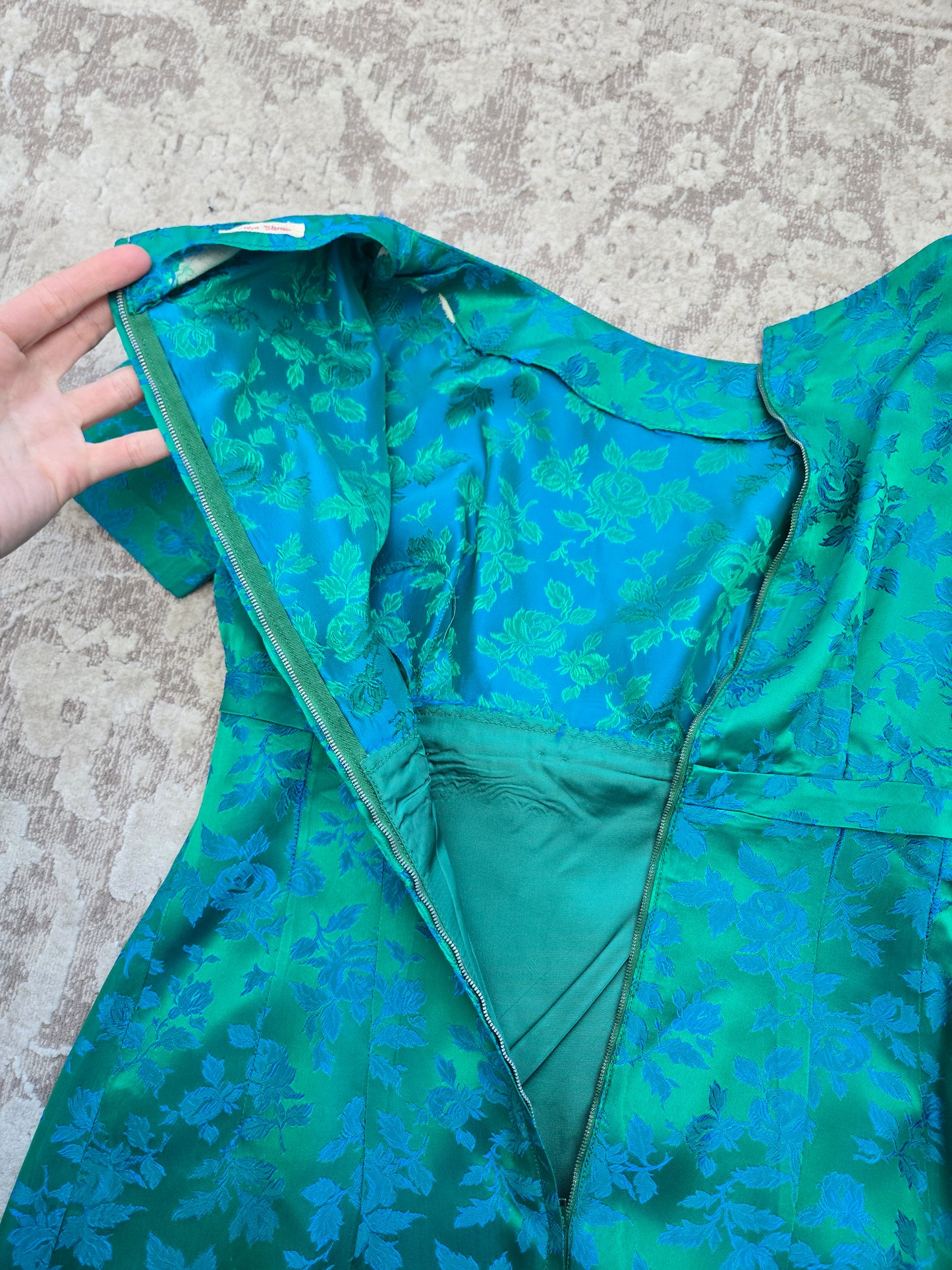 1950s Jacquard Floral Blue Dress - small