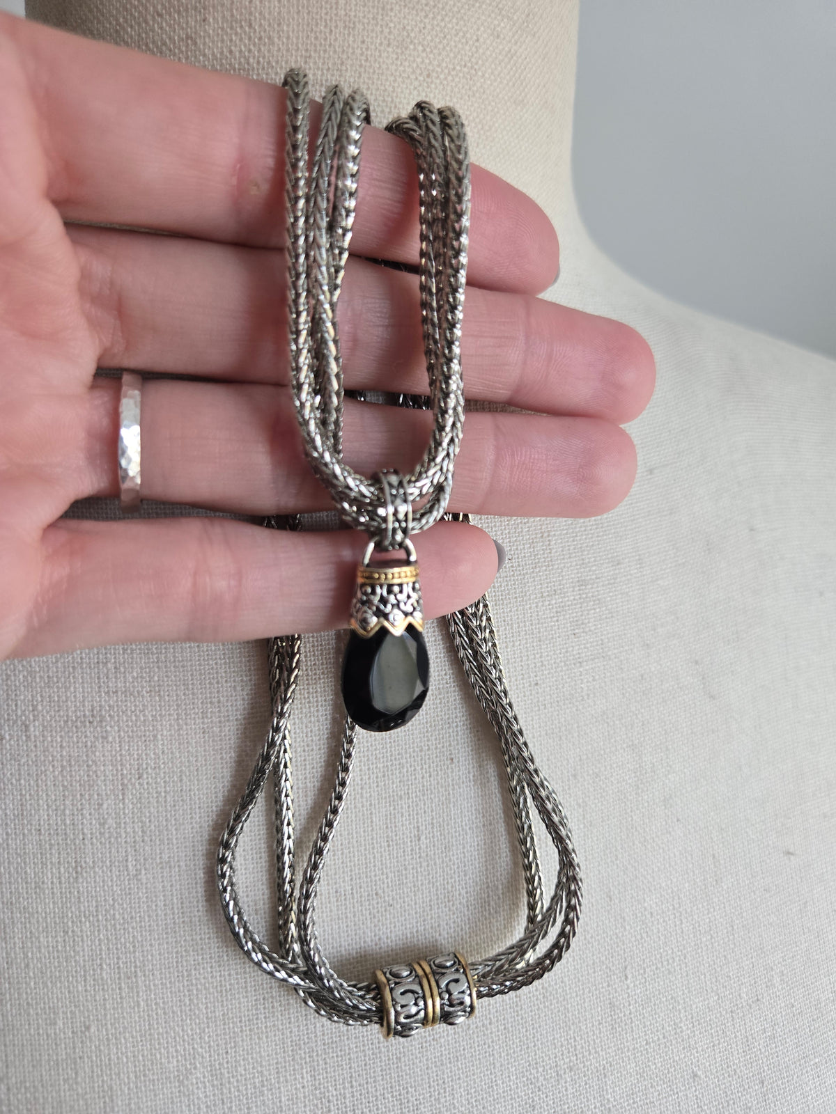 Premier Designs Silver Necklace with Black Glass Bead Drop