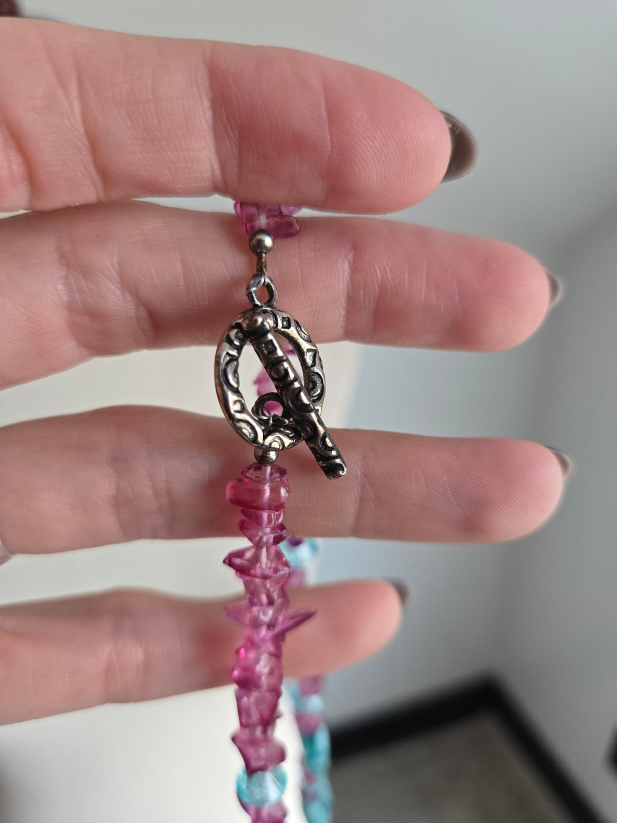 Turquoise and Pink Art Glass Bead Necklace