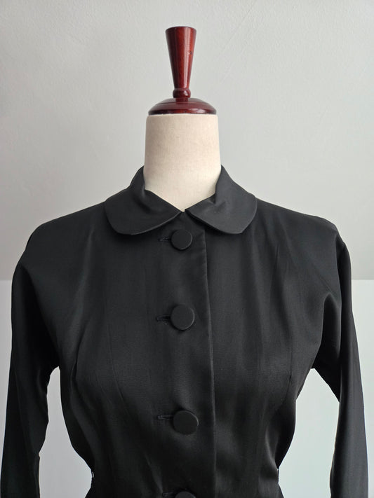 Vintage 1940s Black Satin Day Dress - Small