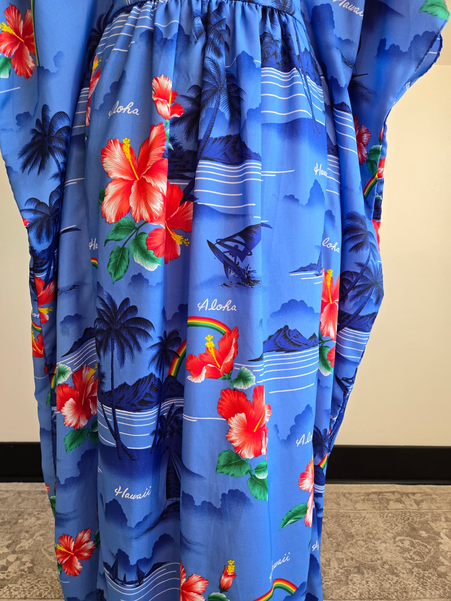 Made in Hawaii Blue Beach Scene and Rainbows Caftan - OS