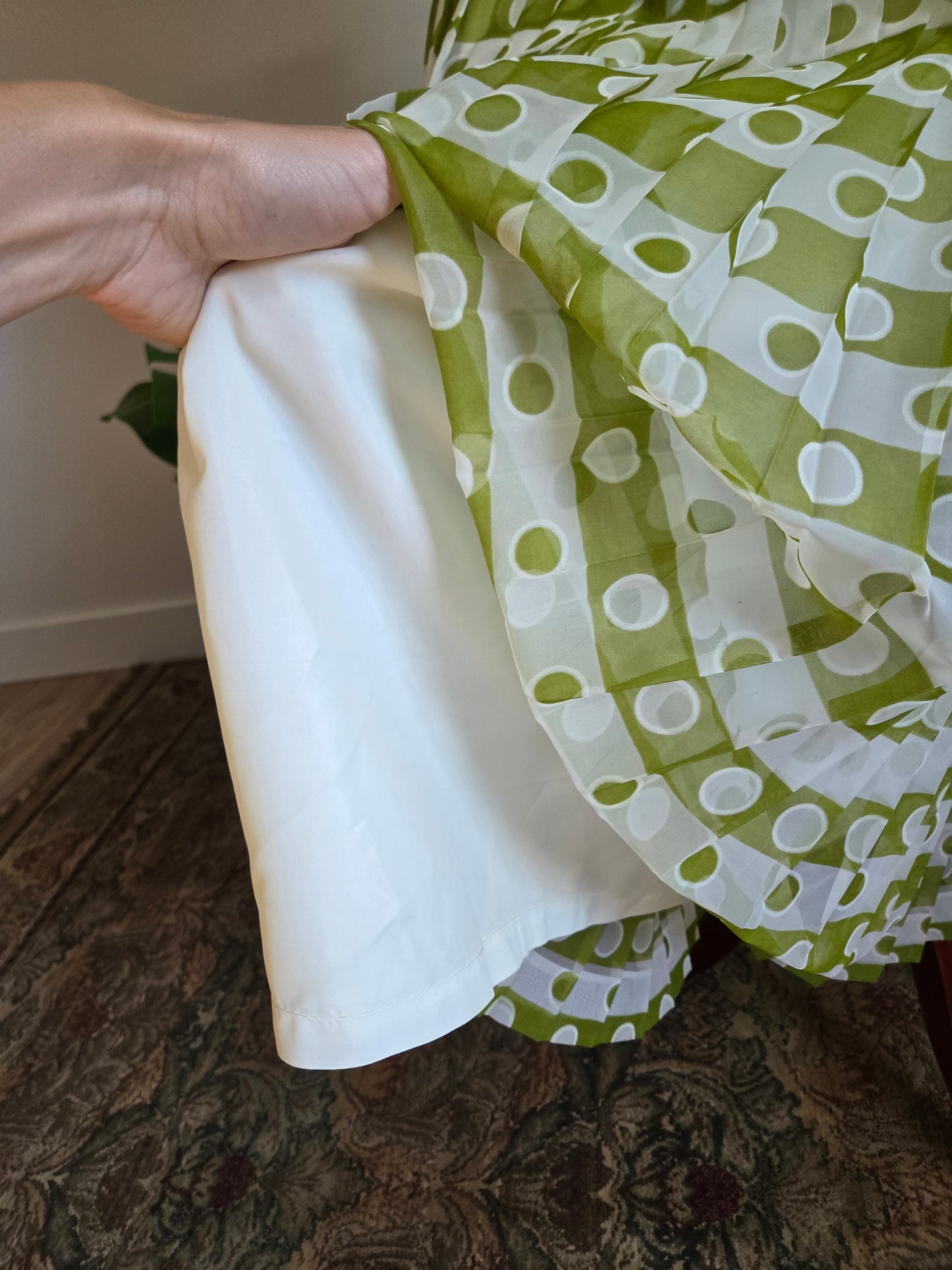 Coco California Vintage 1970s Green and White Polka Dot Stripe Dress -