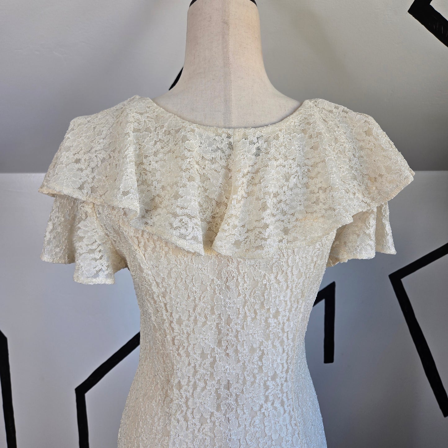 All That Jazz Vintage 80s Shear Ivory Lace Dress with Cape Flutter Sleeve - Small