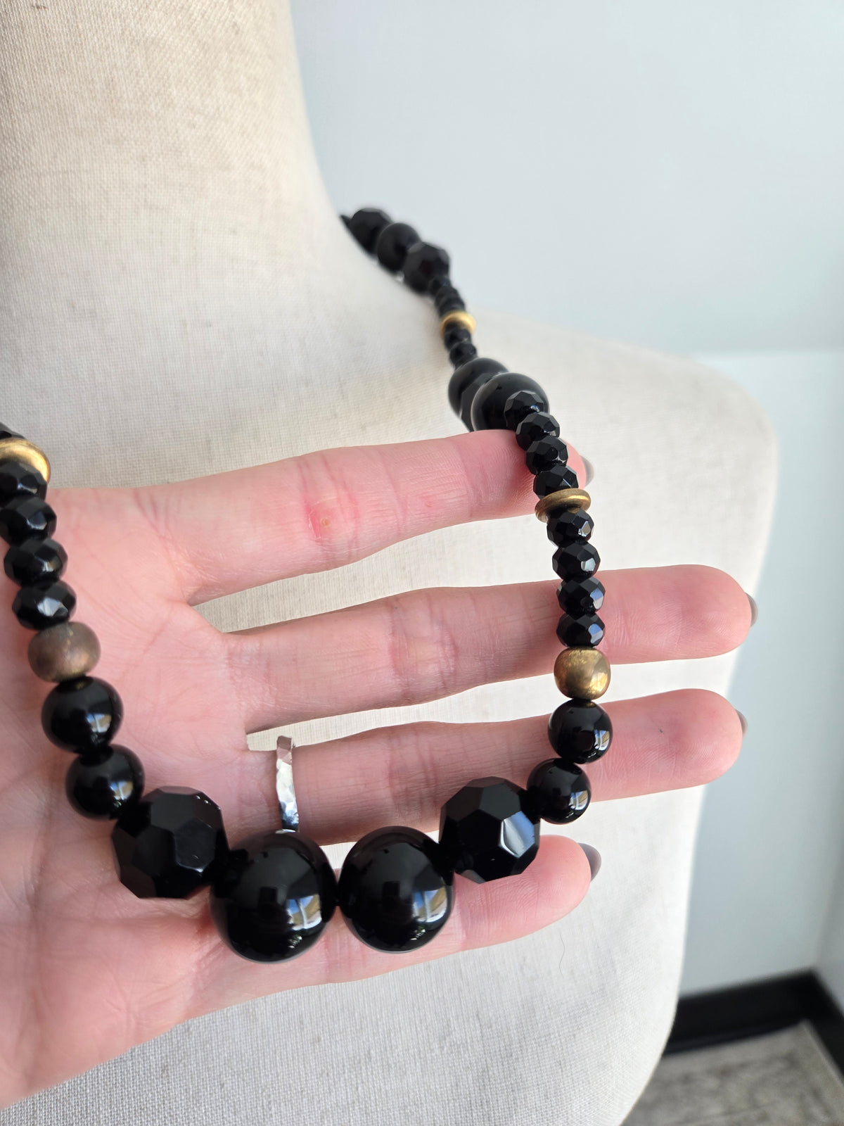 Vintage Large Black Glass Bead Necklace