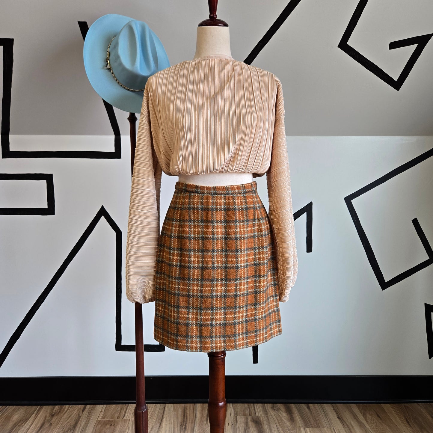 Vintage 1950s Handmade Burnt Orange and Teal Wool Mini Skirt - small