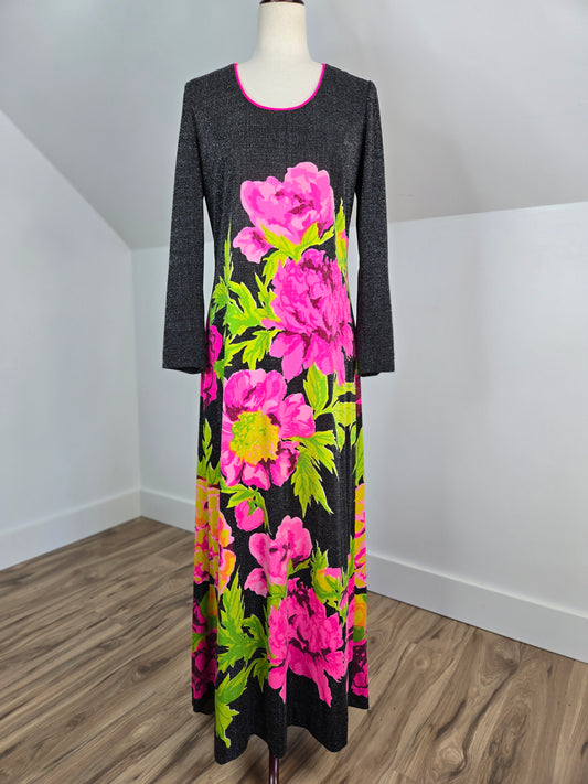 Mr. Dino 1970s Vintage Lurex Neon Floral Dress - medium