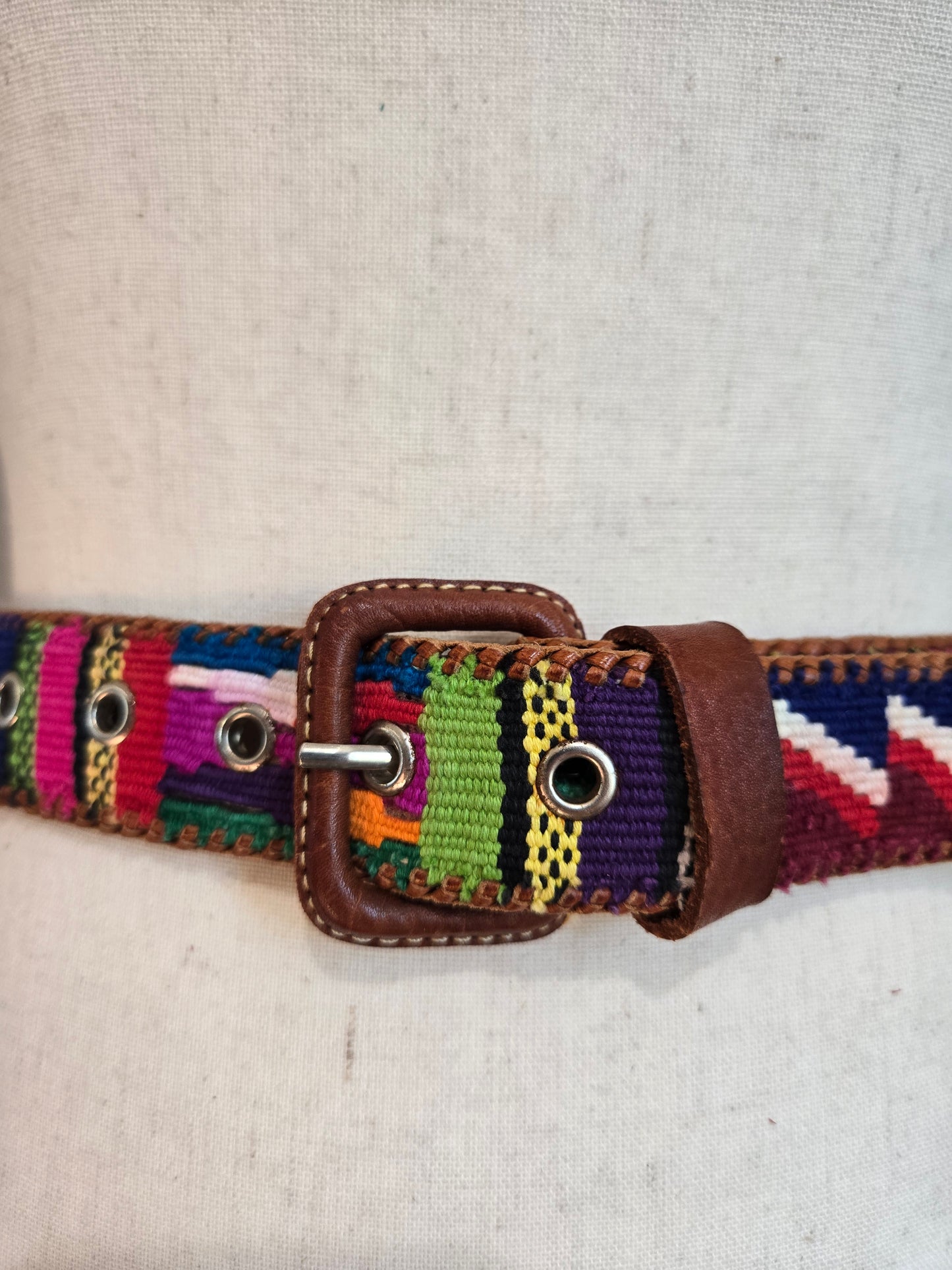Vintage Leather and Colorful Woven Belt - W32-36"