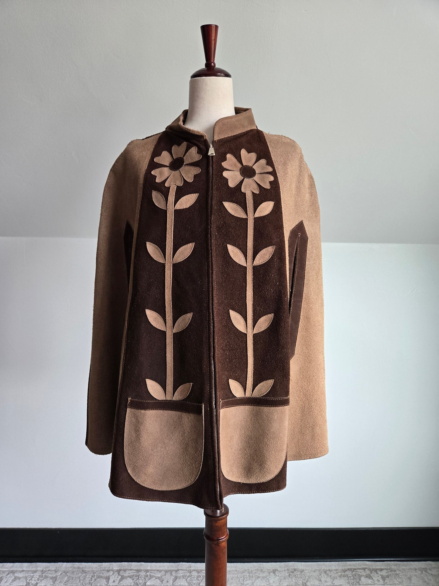 Vintage 1970s Patchwork Flowers Suede Leather Poncho - Small