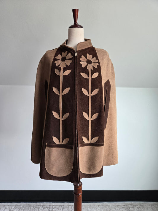 Vintage 1970s Patchwork Flowers Suede Leather Poncho - Small