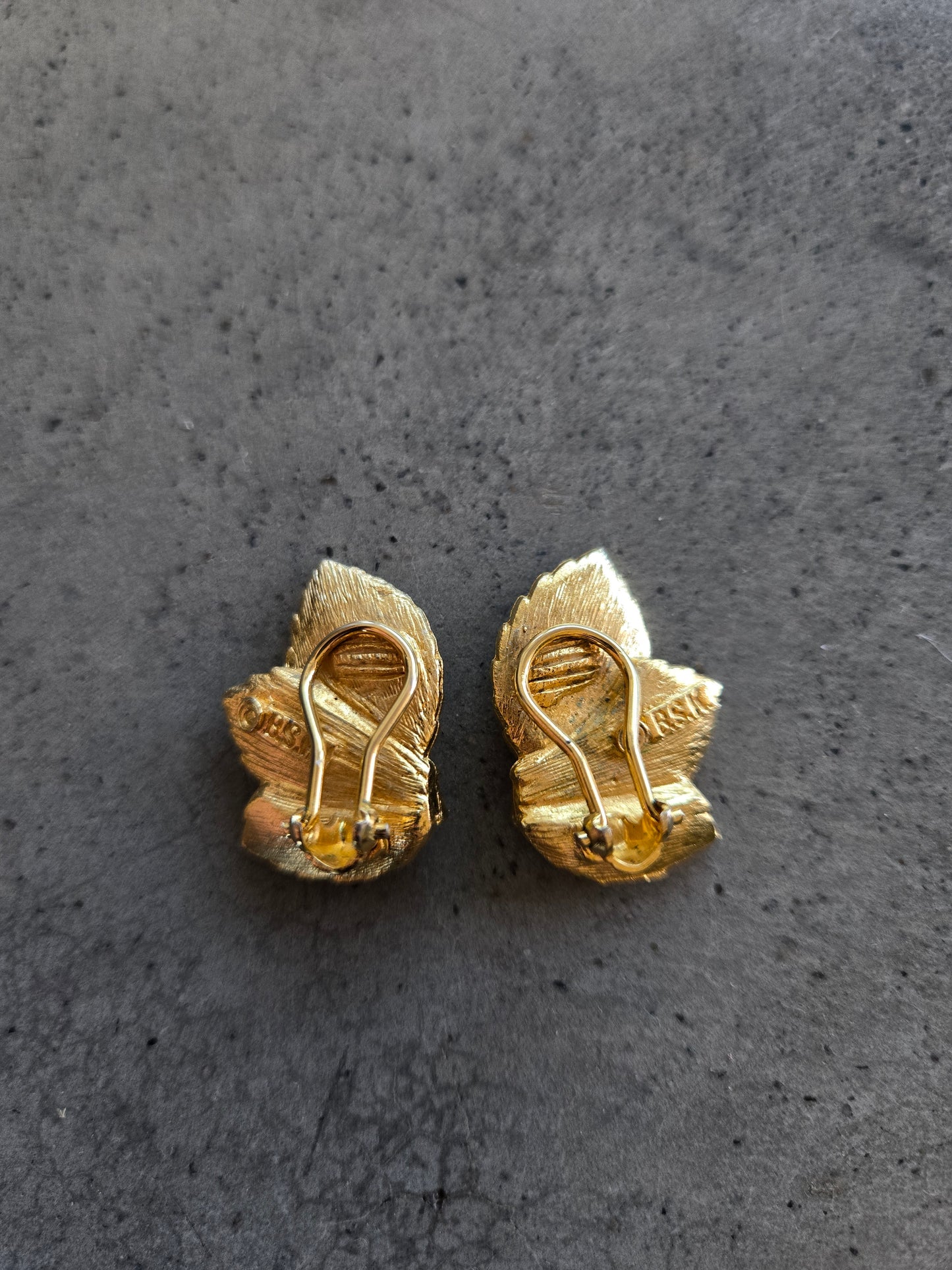 BSK Signed Vintage Leaf and Rhinestone Earrings - Clip Ons