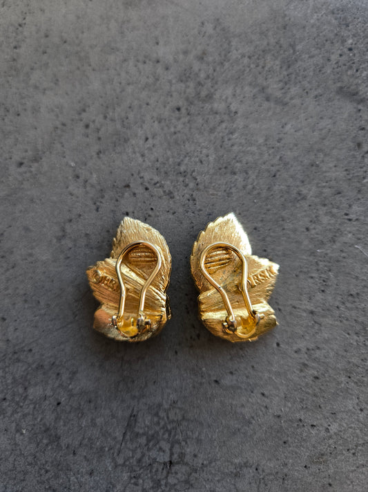 BSK Signed Vintage Leaf and Rhinestone Earrings - Clip Ons