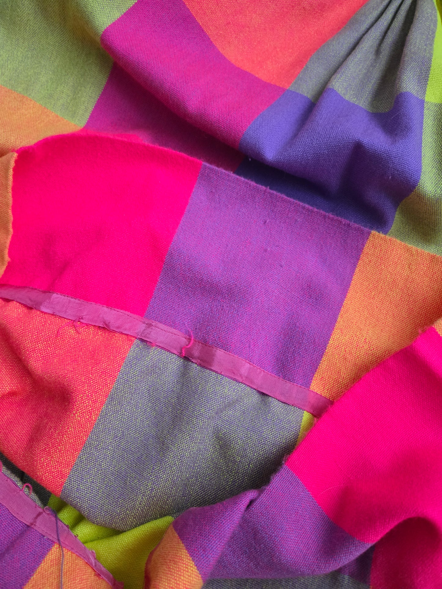 Vintage 70s Neon Plaid Matching Skirt and Scarf Set - W28"