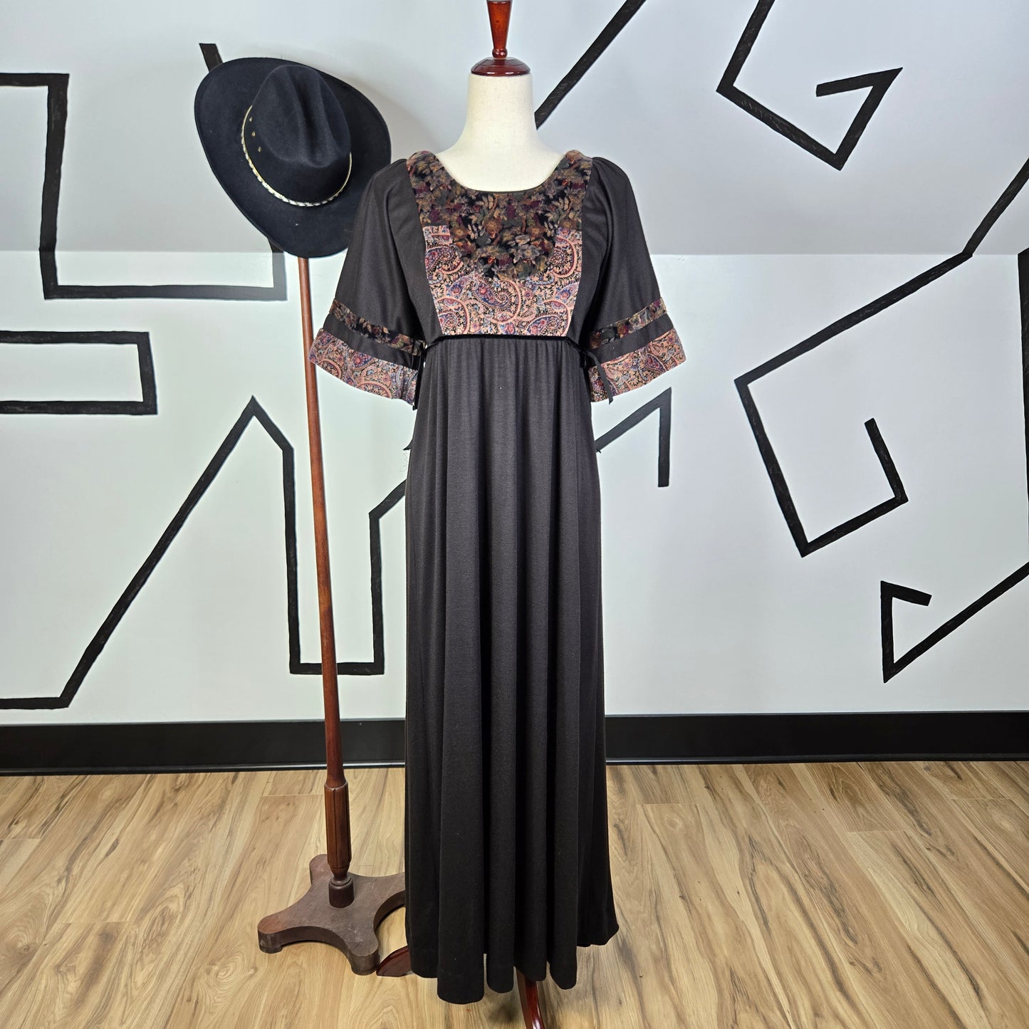 Vicky Vaughn Vintage 70s Brown and Floral Velvet Maxi Dress -