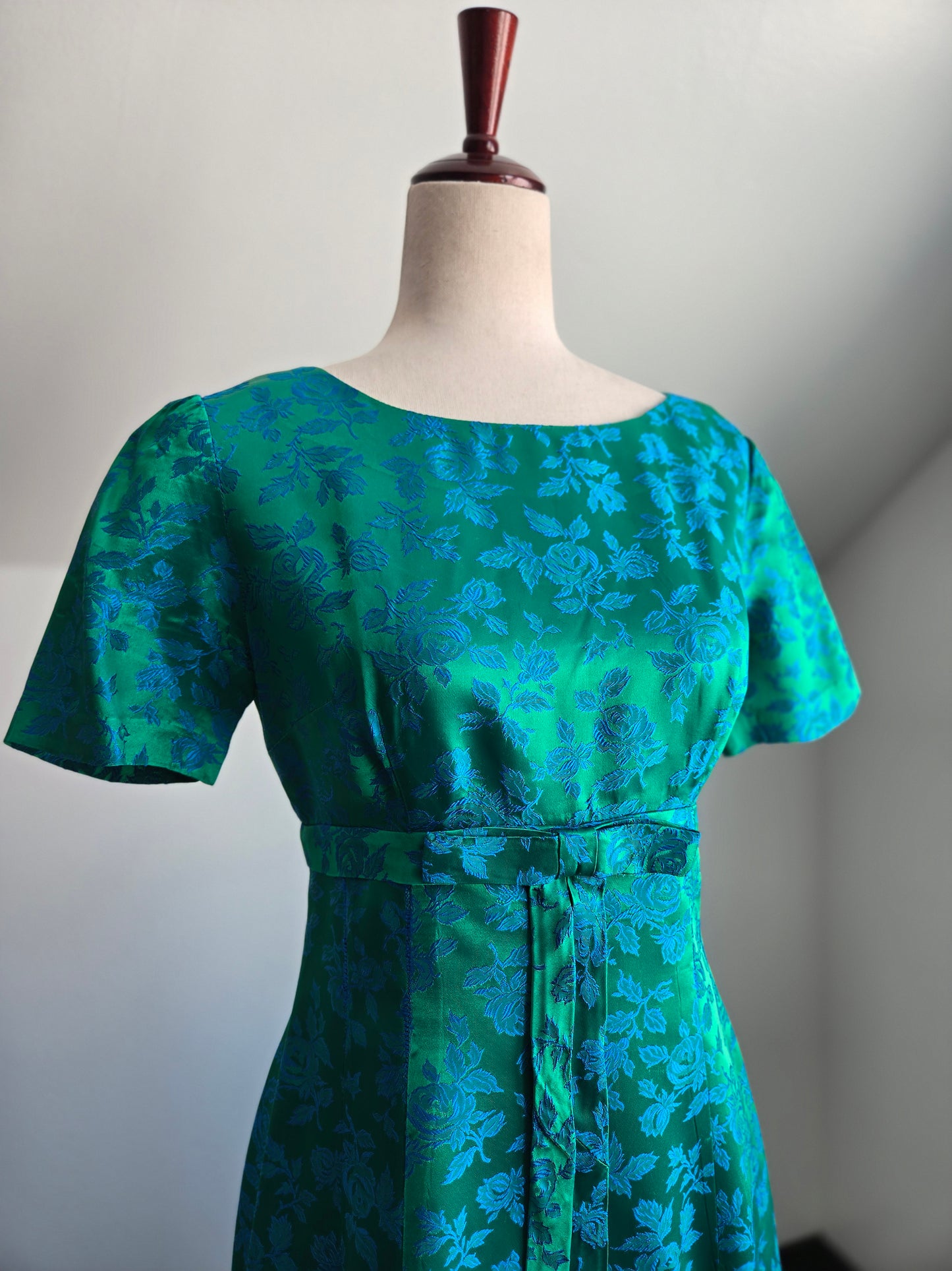 1950s Jacquard Floral Blue Dress - small