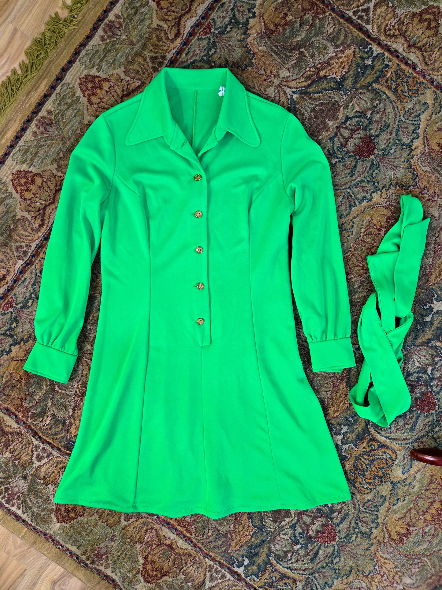 Vintage 70s Lime Green Button Down Mini Dress - L/XL
