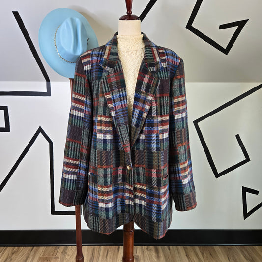 Vintage Carriage Court Patckwork Plaid Wool Blend Blazer - 2X