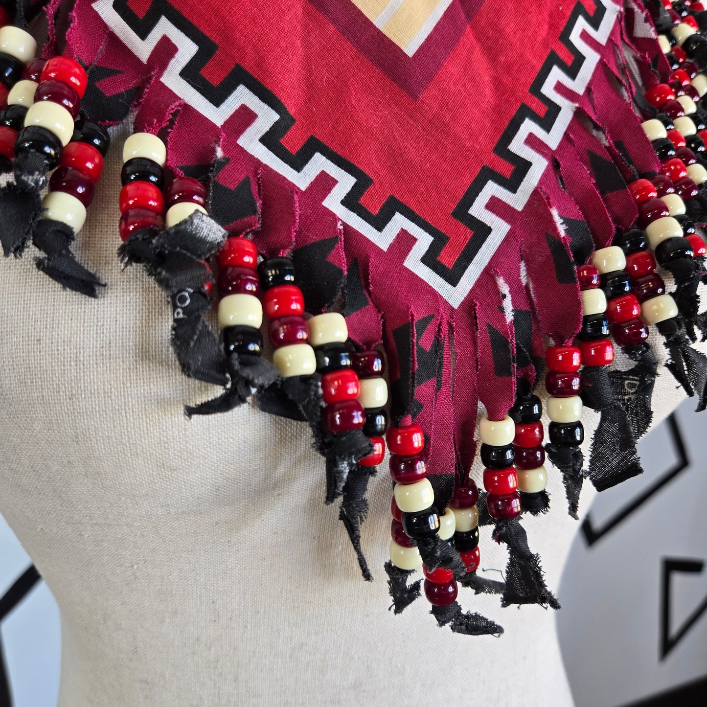 Red Western Neck Tie Bandana with Beaded Fringe