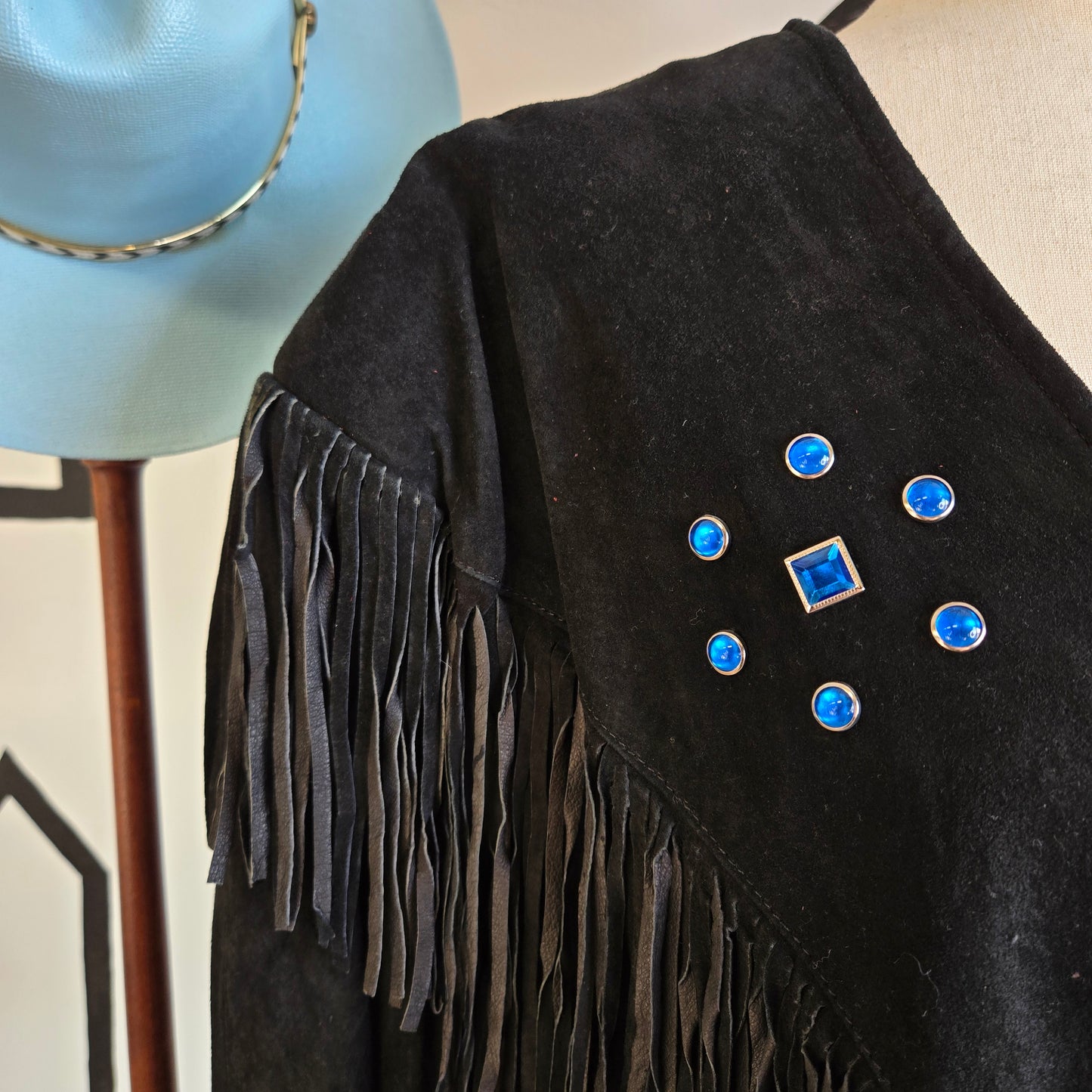 Vintage 90s Black Suede Fringe Top with Blue Gems - 2XL