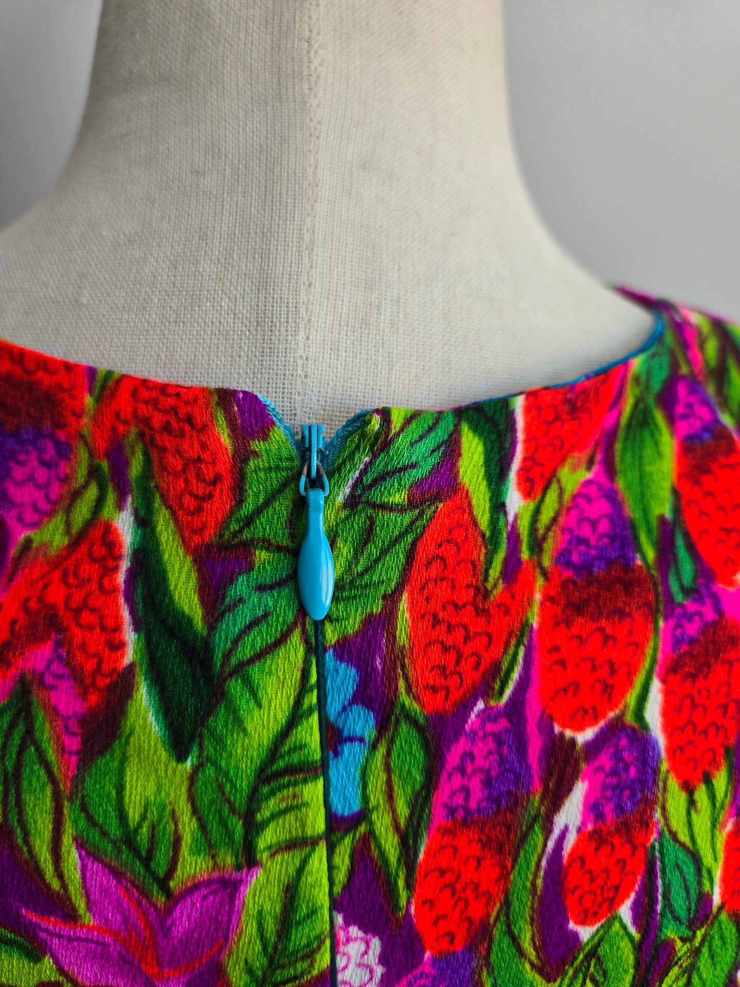 Ter-She Vintage Barkcloth Dayglo Print Floral Caftan - OS